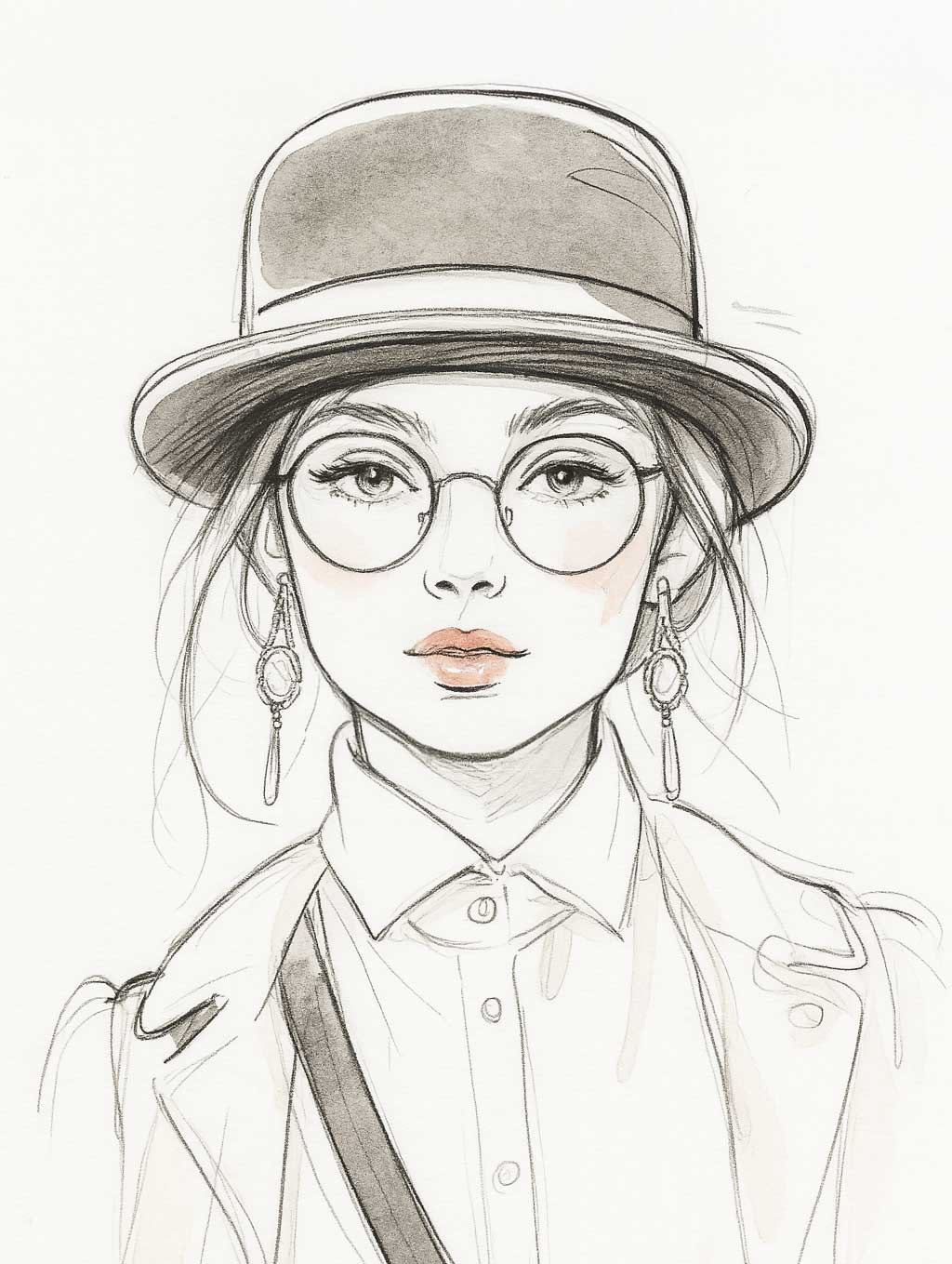 Eine Frau trägt runde Brillen, runde Ohrringe und einen Bowler. Diese Accessoires mildern die Linien ihres Gesichts.