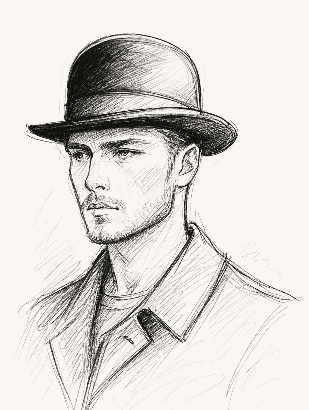 Ein Mann mit kantigem Gesicht (markantes Kinn) trägt einen Bowler